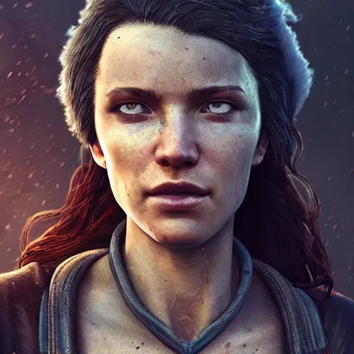 Image similar to fallout 5, charismatic beautiful rugged brunette female protagonist, portrait, outdoors ruined cityscape, atmospheric lighting, painted, intricate, volumetric lighting, beautiful, daytime, sunny weather, slight overcast, sharp focus, deep colours, ultra detailed, by leesha hannigan, ross tran, thierry doizon, kai carpenter, ignacio fernandez rios