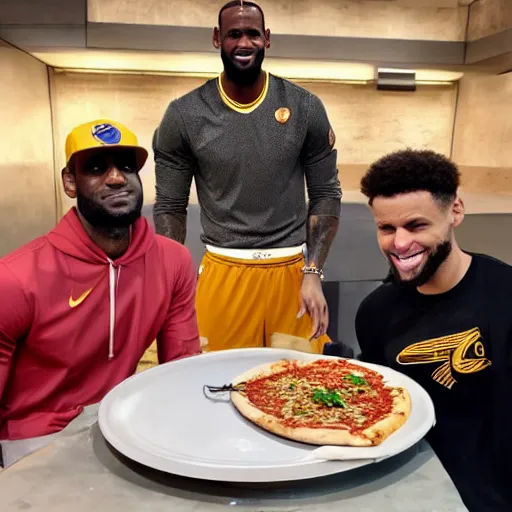 Prompt: Lebron James is eating pizza with Steven Curry