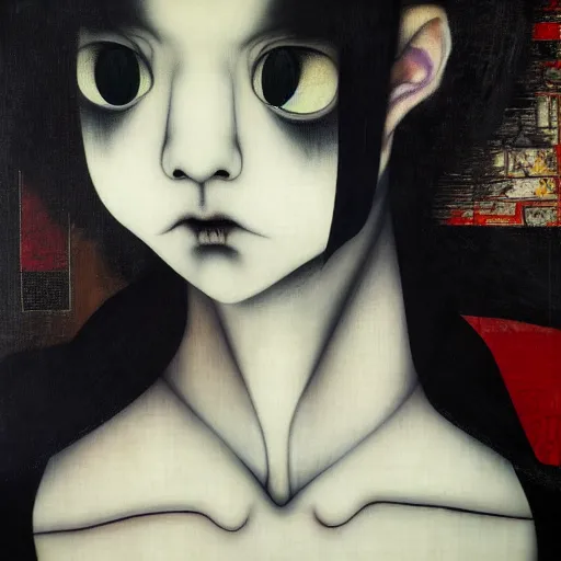 Image similar to yoshitaka amano blurred and dreamy realistic three quarter angle portrait of a young woman with black lipstick and black eyes wearing dress suit with tie, junji ito abstract patterns in the background, satoshi kon anime, noisy film grain effect, highly detailed, renaissance oil painting, weird portrait angle, blurred lost edges