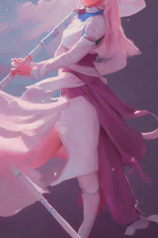 Image similar to portrait of a cute white mage girl with a staff in mage armor, soft, pink and blue, by atey ghailan and artgerm and and greg rutkowski, hyper realistic, trending on artstation