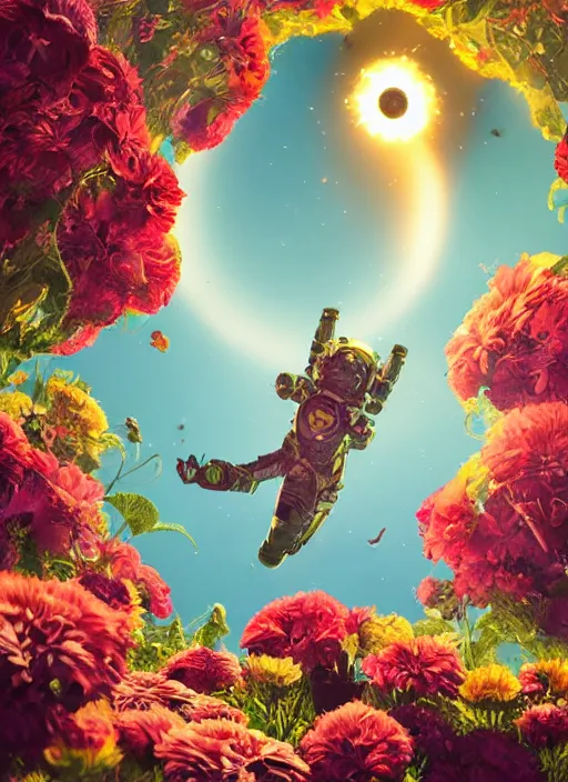 Image similar to An epic fantastic realism comic book style painting of the most beautiful flowers launched into space, bouquets, solar eclipse, fisheye, unreal 5, DAZ, hyperrealistic, octane render, dynamic lighting