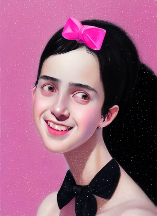 Image similar to portrait of teenage girl, realistic, black hair, bangs, half updo hairstyle, pointy nose, skinny, smile, ugly, defined jawline, big chin, pink hair bow, earrings, intricate, elegant, glowing lights, highly detailed, digital painting, artstation, sharp focus, illustration, art by wlop, mars ravelo and greg rutkowski