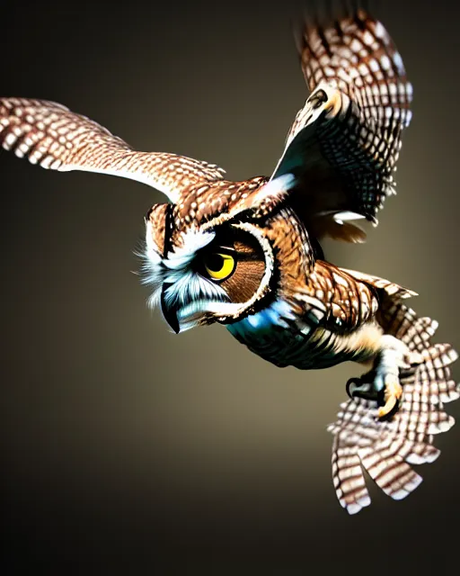 Image similar to an extremely detailed masterpiece photo of a western screech - owl in flight, in the style of brian froud, brian despain, brian bolland, digital art, unreal engine, volumetric lighting, dark moody lighting, trending on artstation, photorealistic, epic scene