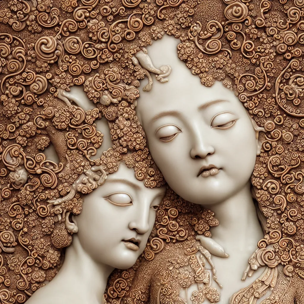 Image similar to The Goddess of Beauty, A Close up photo-real delicate ceramic porcelain sculpture of an ornate detailed in front of an intricate background by Victo Ngai and takato yamamoto, micro detail, backlit lighting, face in focus, subsurface scattering, translucent, thin porcelain, octane renderer, colorful, physically based rendering, japanese pottery, trending on cgsociety