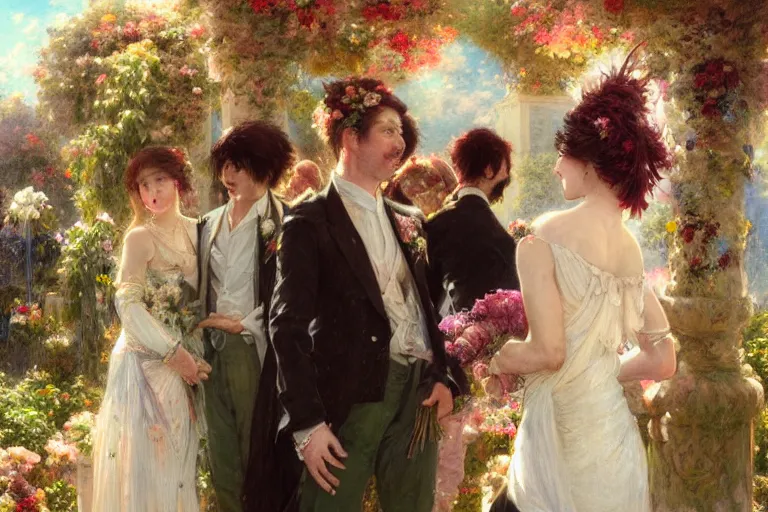 Image similar to the groom look at the bride at a wedding full of flowers, bright and happy, dreamlike art, highly detail, 4 k realistic, wedding photoy krenz cushart, artem demura, yoji shinkawa artgerm, jon lothian, danilo torres. adi meyers. thomas reimann. gaston bussiere.