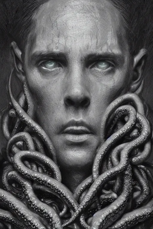 Image similar to realistic portrait beautiful detailed matte painting of cinematic movie scene hp lovecraft, horror, tentacles, created by gustave dore and greg rutkowski, high detailed, smooth draw, synthwave neon retro, intricate, realistic proportions, dramatic lighting, trending on artstation.