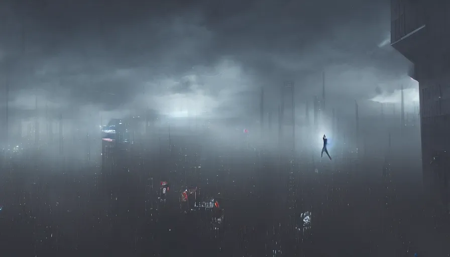 Prompt: man in sky falling through clouds over a dark cyberpunk city, digital art, volumetric lighting, dystopia, artstation, concept art, painting
