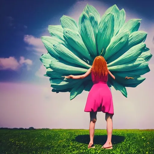 Image similar to giant flower head, woman walking, surreal photography, cinematic, blue sky, symmetry, detailed, bright, retro, wes anderson