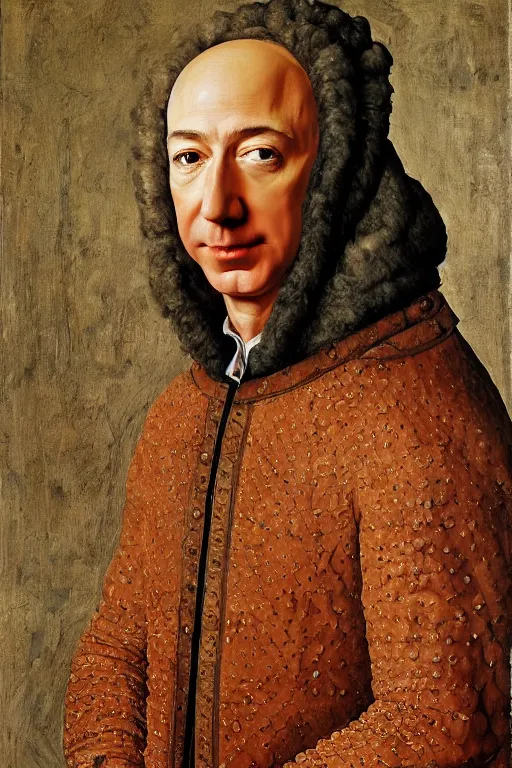 Image similar to portrait of jeff bezos!!! oil painting by jan van eyck, northern renaissance art, oil on canvas, wet - on - wet technique, realistic, expressive emotions, intricate textures, illusionistic detail