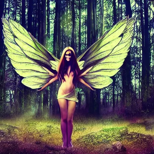 Image similar to beautiful fairy, fantasy, cannabis wings, symmetrical face, full body, dramatic lighting, forest, dreamy