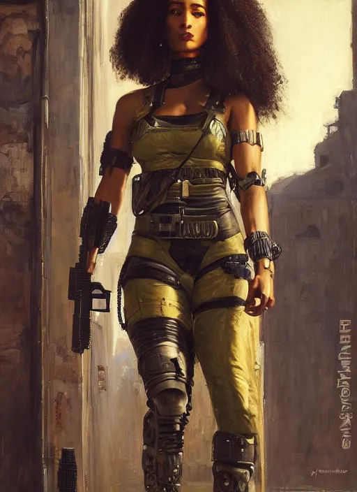 Prompt: buff Sophia. beautiful cyberpunk soldier wearing a military vest and military jumpsuit (cyberpunk 2077). gorgeous african face. Iranian orientalist portrait by john william waterhouse and Edwin Longsden Long and Theodore Ralli and Nasreddine Dinet, oil on canvas. Cinematic, hyper realism, realistic proportions, dramatic lighting, high detail 4k