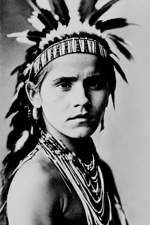 Image similar to “Photo of Native American indian woman Emma Watson, portrait, skilled warrior of the Chiricahua Apache, Lozen was the sister of Victorio a prominent Chief, showing pain and sadness on her face, ancient, realistic, detailed, emma watson”