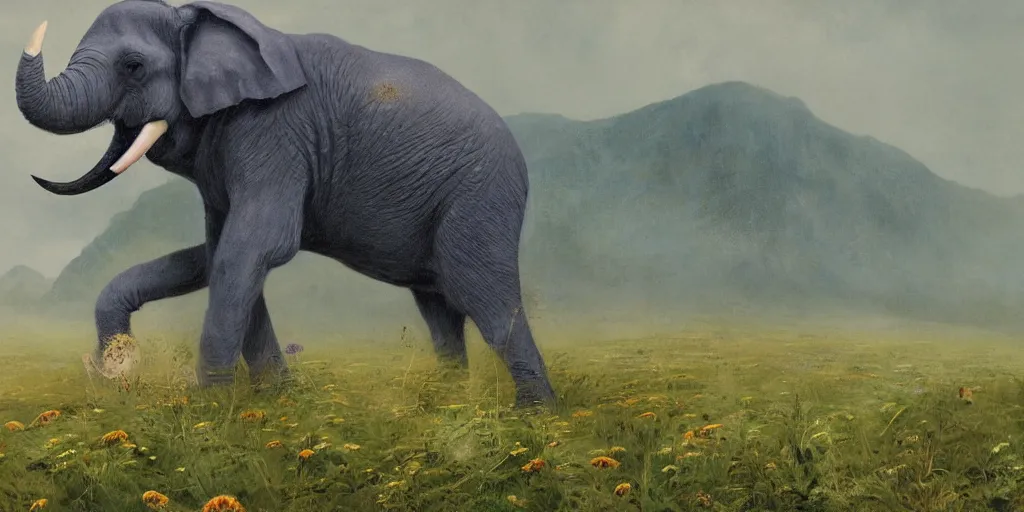 Prompt: purple elephant running in meadow, close up, raining, mountain behind meadow, menacing, illustration, detailed, smooth, soft, cold, by Adolf Lachman, Shaun Tan, Surrealism