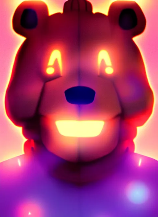 Image similar to portrait of freddy fazbear, glowing lights, highly detailed, digital painting, artstation, concept art, sharp focus, illustration