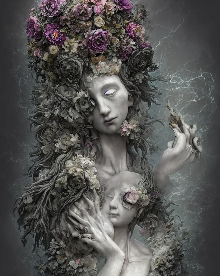 Image similar to a digital painting of the face of a gothic cemetery statue made of mist and flowers, cinematic lightning, Andrew Ferez, Charlie Bowater, Marco Mazzoni, Seb McKinnon, Ryohei Hase, Alberto Seveso, Kim Keever, trending on cgsociety, featured on zbrush central, new sculpture, mystical