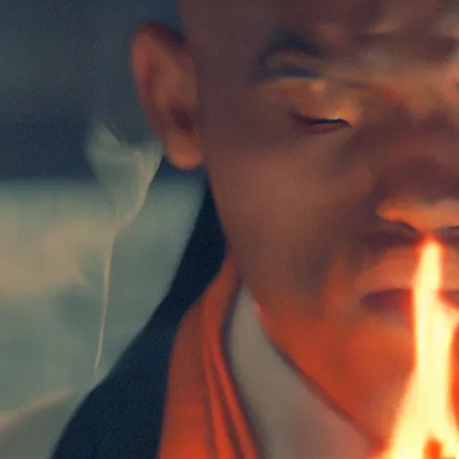 Image similar to cinematic film still of Chris Brown starring as a Japanese Sensei with fire, Japanese CGI, VFX, 2003, 40mm lens, shallow depth of field, film photography