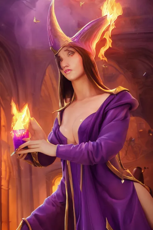 Image similar to beautiful woman in prudish purple wizards apprentice robes with pointy hat at a crowded magical university, a flaming magical red flame hummingbird pet, full body shot unreal engine hyperreallistic render 8k character masterpiece digital art, cell shader shading, raytracing, comic art, manga, trending on Artstation, CGSociety