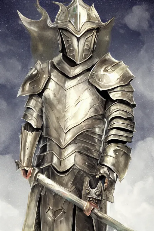 Prompt: Full-length portrait of a paladin in iridescent heavy armor, dark fantasy, digital art.