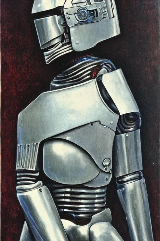 Image similar to a pre raphaelite painting of robocop by dante gabriel rossett