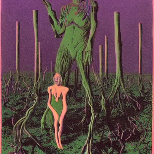 Prompt: sci - fi, hunters of monsters walking in a meat and bone forest, art by karel thole