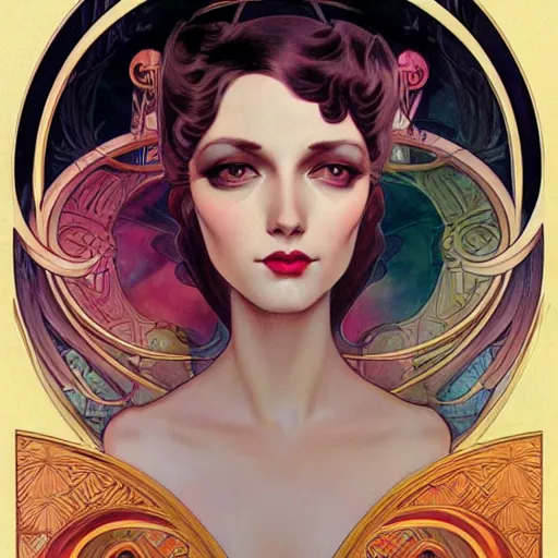 Image similar to an art deco portrait in the style of anna dittmann and donato giancola and alphonse mucha.