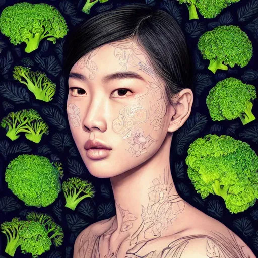 Prompt: the portrait of an unbelievably beautiful, elegant, and sophicated young asian instagram model partially made of broccoli, an ultrafine detailed illustration by james jean, intricate linework, bright colors, final fantasy, behance contest winner, vanitas, angular, altermodern, unreal engine 5 highly rendered, global illumination, radiant light, detailed and intricate environment