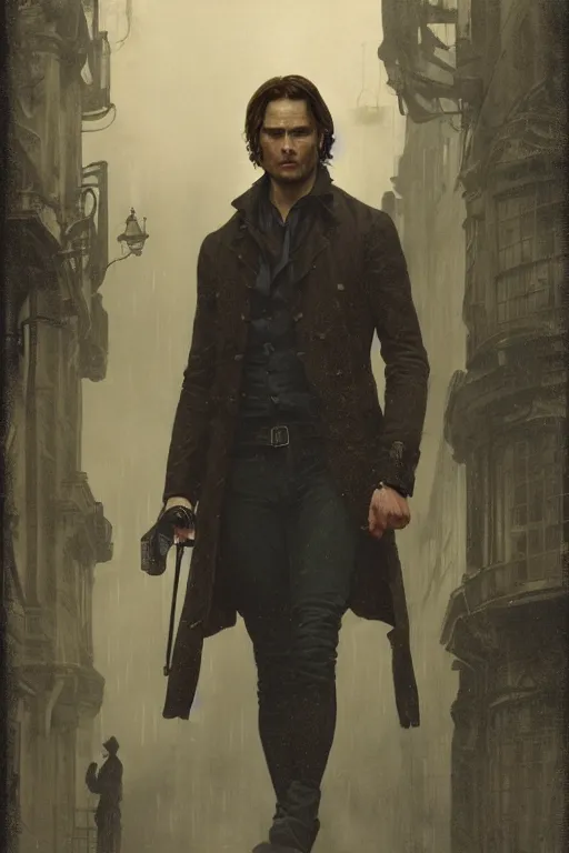 Prompt: a detailed matte portrait of sam \ winchester in a supernatural sherlock holmes story, 1 8 th century london in the rain, city streets, ominous, masterpiece, 8 k, art by alphonse mucha and greg rutkowski