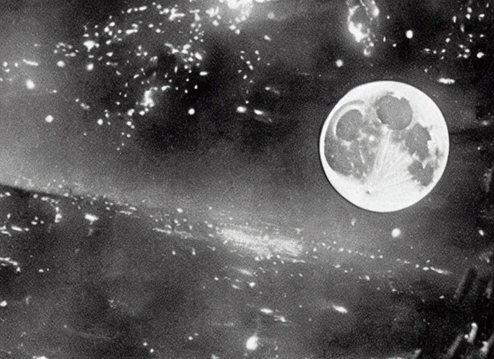 Prompt: vintage film still of the moon exploding shattering fragments in the sky around the exploding moon over new york city in the 1 9 2 0 s from the old sci - fi movie