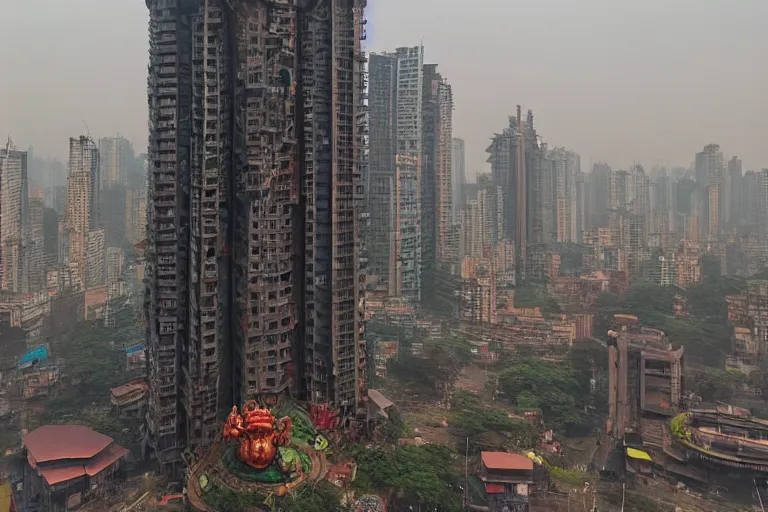 Image similar to high quality 3 d cyberpunk biomorphic hanuman head building in the middle of mumbai!!, kalighat highly detailed, cinematic smooth, stephen shore & john j. park, soft morning light, wide shot, high angle, uhd 8 k, deep focus