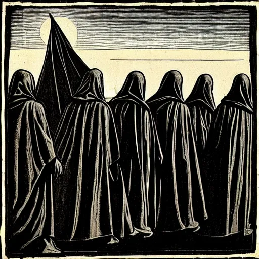 Image similar to the hooded messiah dressed in black robes leads his dark army towards the light, iconic, hero, silhouette, fantasy, epic, large scale, D&D, raphaelite, louvre