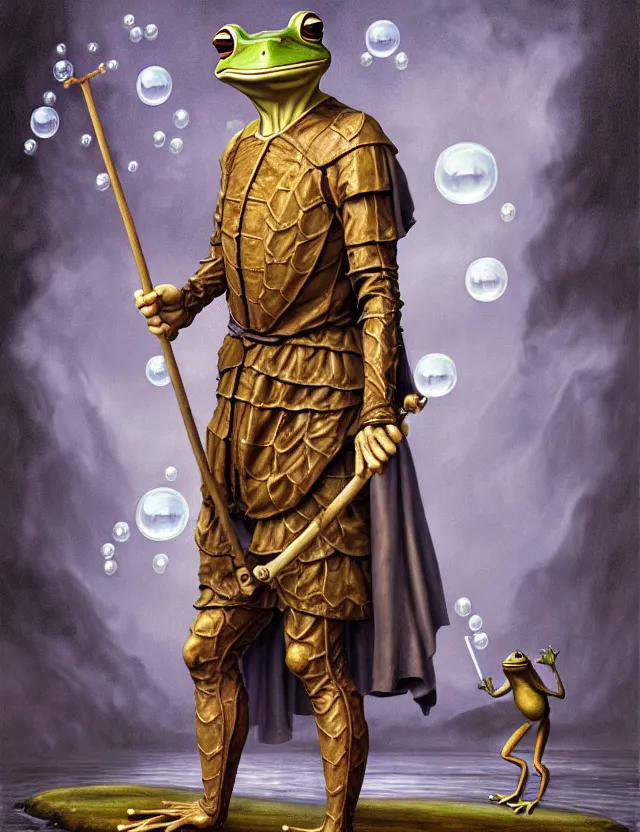 Image similar to anthropomorphic bipedal frog that is dressed as a renaissance fighter, and holding a staff, as a matte oil painting and d & d character art, by alex grey, standing, fullbody, floating bubbles, mystic, fog, fractals, spirals, concept art, award - winning, extremely detailed, sharp focus