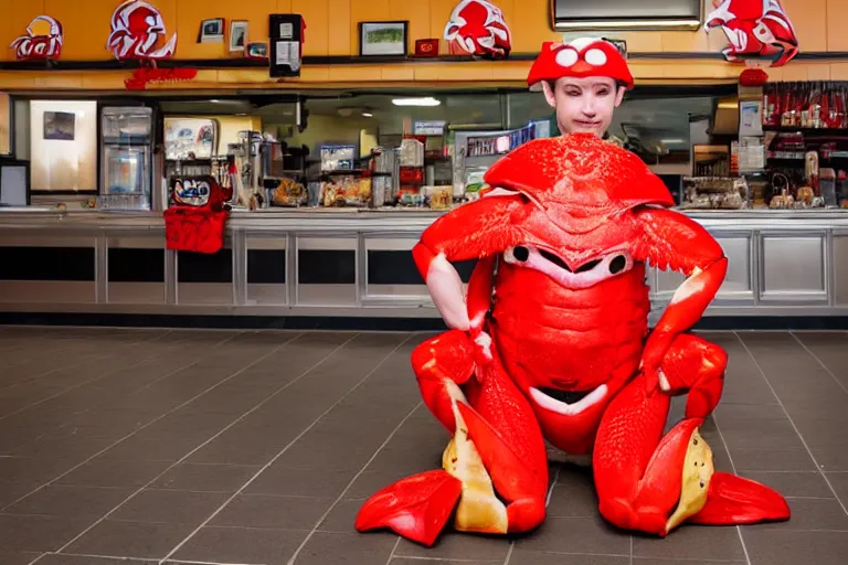 Image similar to cosplayer dressed like a cute crab, in 2 0 1 8, at an arbys, crabcore, royalcore, low - light photograph, photography by tyler mitchell