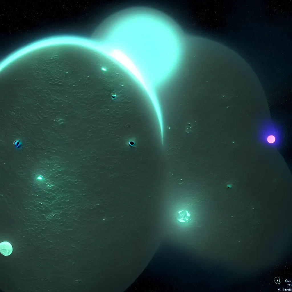 Prompt: Picture of a bioluminescent world from Stellaris orbited by a smaller molten moon