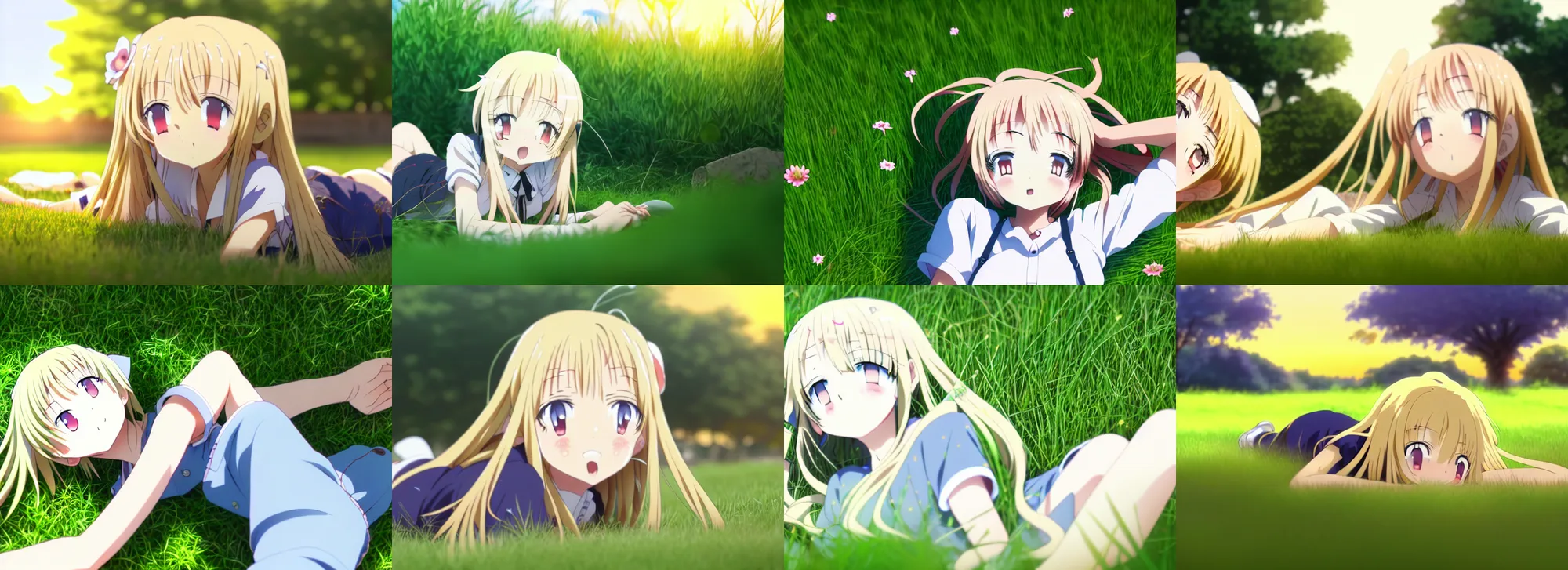 Prompt: anime screenshot pattern. young female, blonde hair and large eyes, laying down in the grass at sunset. original cute girl doing cute things / iyashike / slice life kyoto animation 4 k 8 k ultrahd award winning