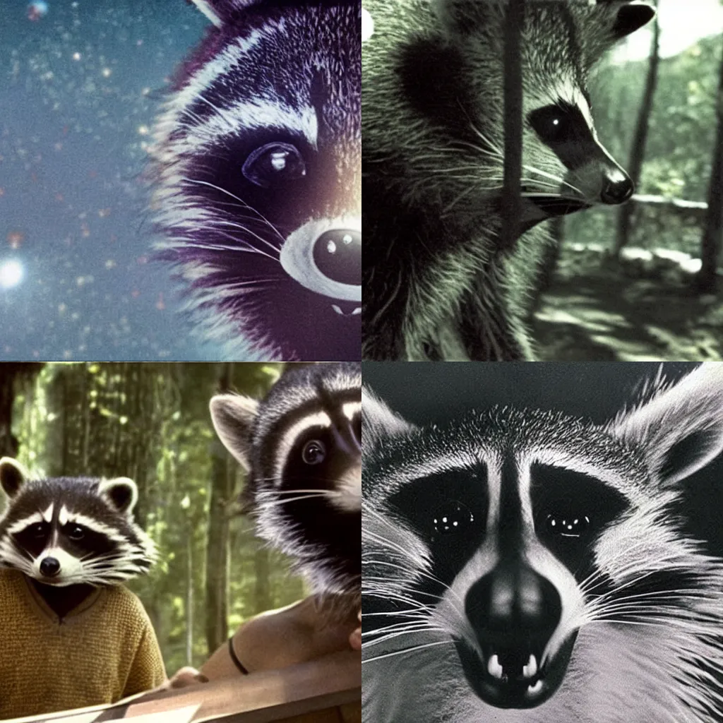 Prompt: tribal raccoon people discovering the black rectangle in 2001 A Space Odyssey