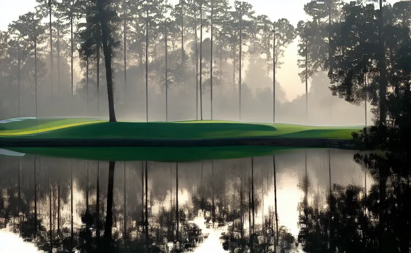 Image similar to augusta national, the masters, nr. 1 2, completely flooded with brown water, beautiful ambient light, fog,