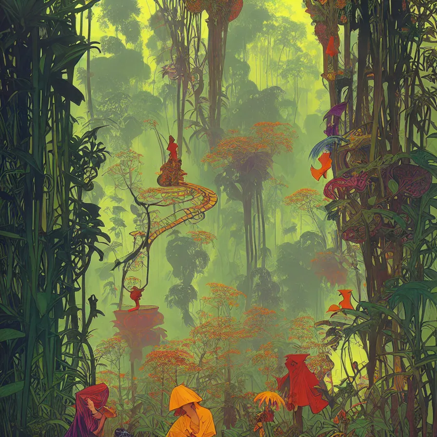 Image similar to surreal glimpse, malaysia jungle, summer morning, very coherent and colorful high contrast pastel art by gediminas pranckevicius alphonse mucha james gilleard james gurney floralpunk screen printing woodblock, dark shadows, hard lighting, stippling dots, art nouveau