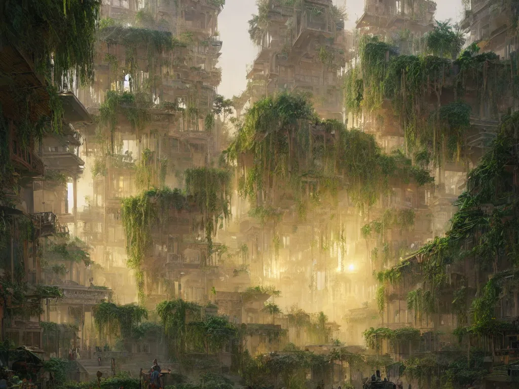 Image similar to the antique green city of babylon with its wonderful hanging gardens at dawn, intricate, elegant, volumetric lighting, digital painting, highly detailed, artstation, sharp focus, illustration, concept art, ruan jia, steve mccurry