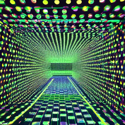 Image similar to neon meadow, art installation with infinity mirrors,