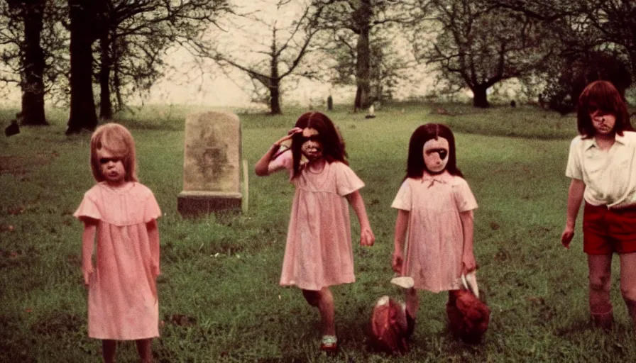 Prompt: 7 0 s film still from a horror movie of young children playing in a graveyard, kodachrome, cinecolor, cinestill, photorealism, cinematic, film grain, film texture, vhs recording