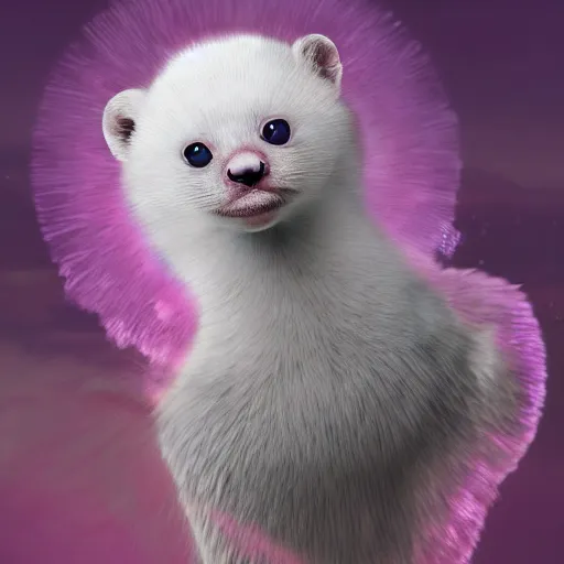 Prompt: white mink with head surrounded by pink circle nimbus made of chromosomes and bacteria matte art hd lilia alvarado 8k starring at camera