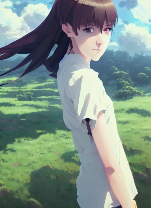 Image similar to portrait of emma stonel, cloudy sky background lush landscape illustration concept art anime key visual trending pixiv fanbox by wlop and greg rutkowski and makoto shinkai and studio ghibli