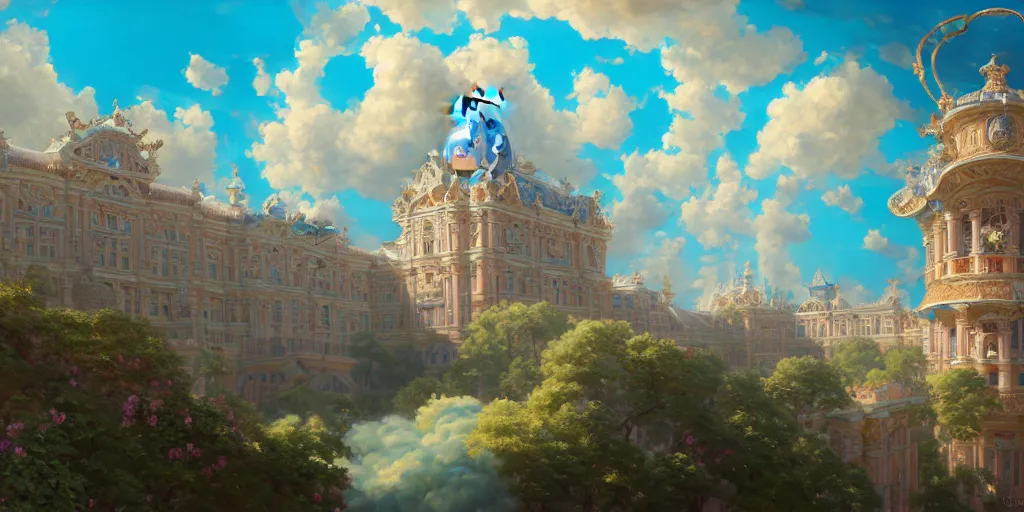 Image similar to A realistic painting of The Cat and its Rococo Palace in the sky with blue flowers and clouds, in the style of Krenz Cushart, Moebius, and Muchain, Prismatic, Rococo, Pearlescent, reflective, shimmering, highly detailed, masterpiece, dreamy, concept art, Cinema lighting, 8k, trending on artstation