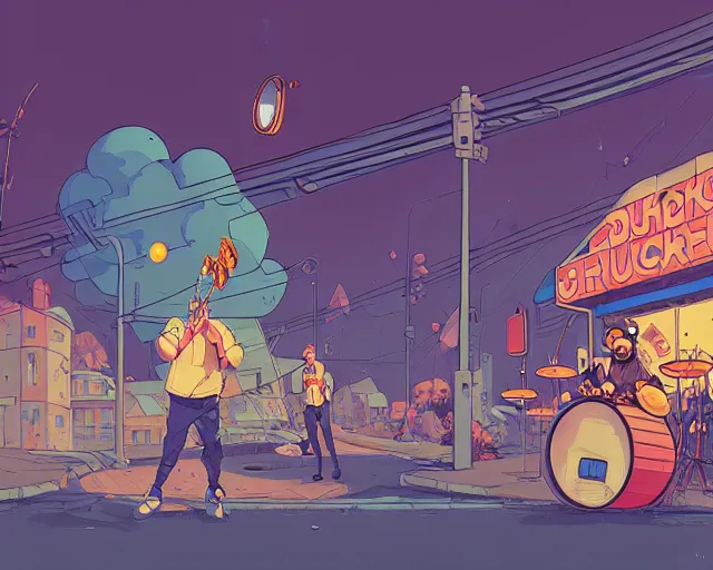 Prompt: a study of cell shaded cartoon of a band playing a microKorg synthesizer and drums floating above a country road, street lamps, road, illustration, wide shot, subtle colors, post grunge, concept art by josan gonzales and wlop, by james jean, Victo ngai, David Rubín, Mike Mignola, Laurie Greasley, highly detailed, sharp focus, Trending on Artstation, HQ, deviantart, art by artgem