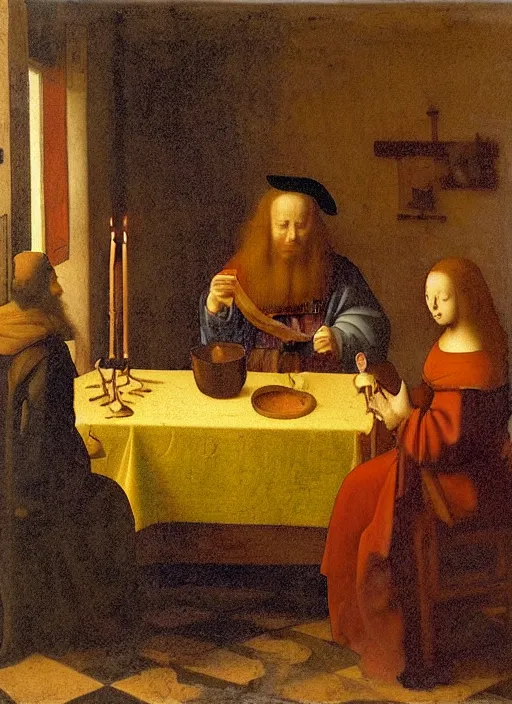 Image similar to a candlelit table at the inn, evening, dark room, two people sitting at the table, swirling smoke, dark smoke, realistic, in the style of leonardo da vinci, dutch golden age, amsterdam, medieval painting by jan van eyck, johannes vermeer, florence