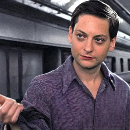 Image similar to photo of tobey maguire stopping a train