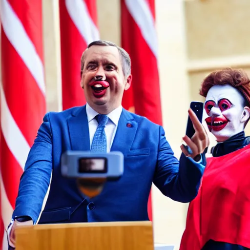 Image similar to a president with clown face taking a selfie in a podium next to an angry first minister