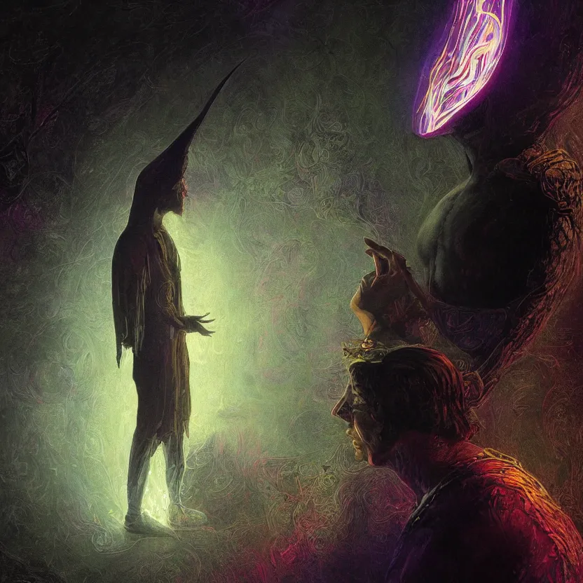 Prompt: a close - up view portrait of a silhouetted supernatural wizard meditating with iridescent metallic technology headwear in sci - fi baroque neoclassicist halls. detailed textures. glowing colorful fog, dark black background. highly detailed fantasy science fiction painting by moebius, norman rockwell, frank frazetta, and syd mead. rich colors, high contrast. artstation