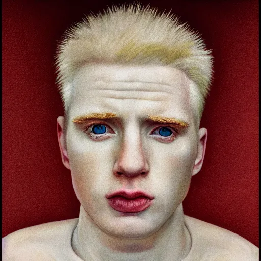 Image similar to realistic expired kodak film portrait of albino chris evans, hyperrealism, photorealistic, detailed, atmospheric, 8 k, award winning photography, cinematic