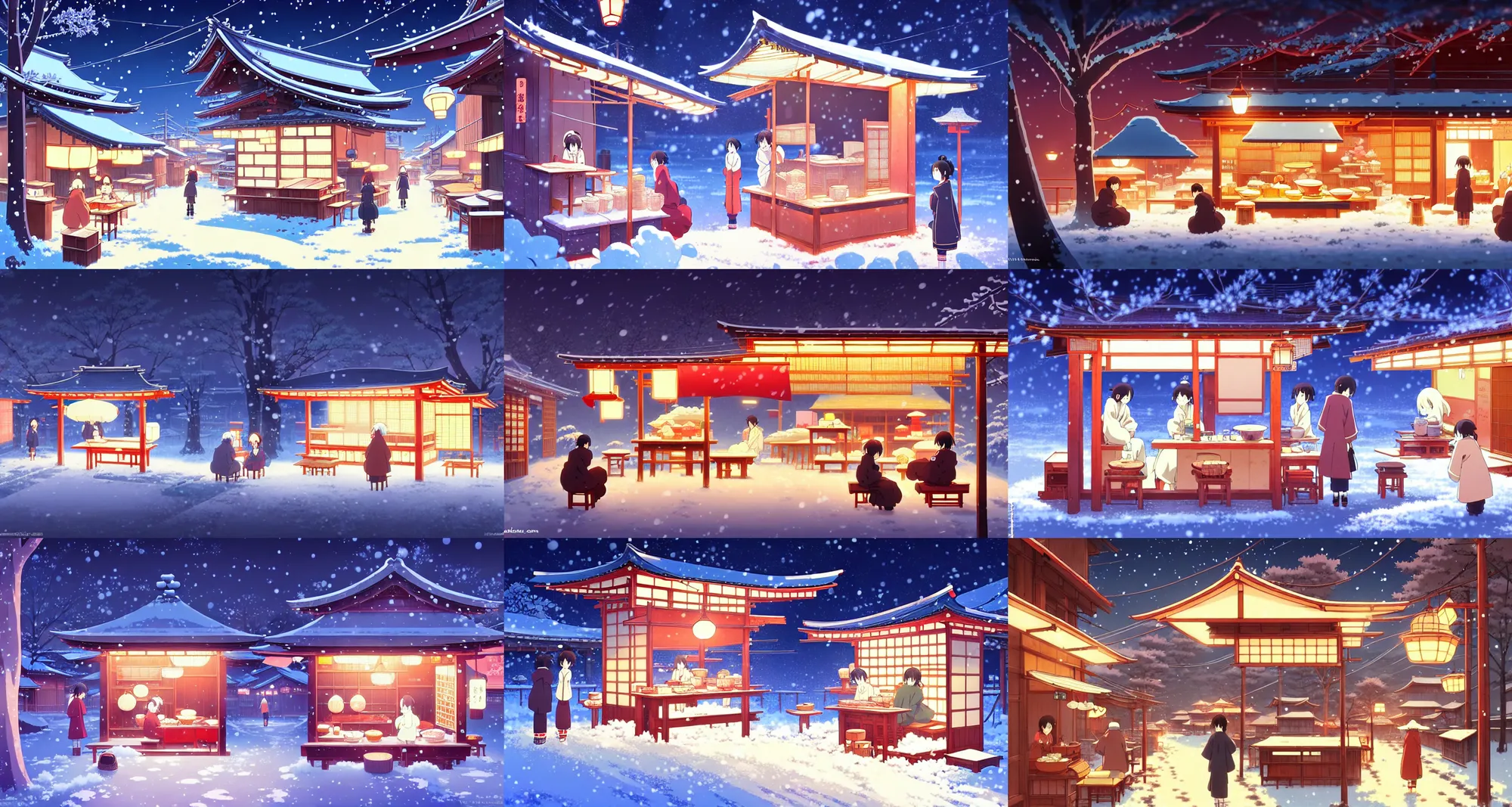 Prompt: beautiful slice of life anime scene of edo period ramen stand, winter, night, relaxing, calm, cozy, peaceful, by mamoru hosoda, hayao miyazaki, makoto shinkai